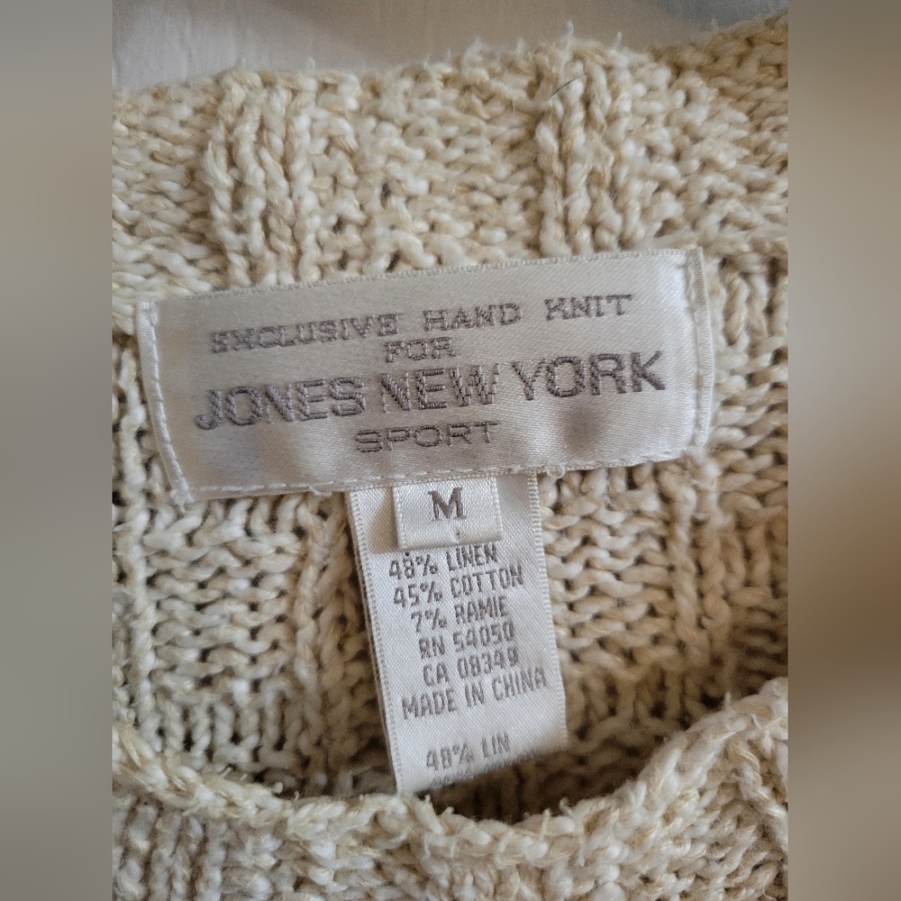 Vintage 90s Jones New York Hand Knit Floral Cottagecore Sweater Ramie Linen Med - Picture 2 of 7